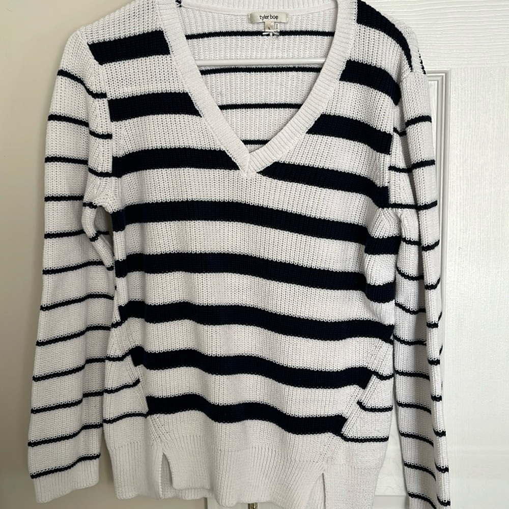 Tyler Boe blue/white stripe v neck sweater.
